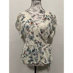 Meraki Faux Wrap Blouse Size Large Crossover Side Tie Peplum Puff Sleeve Floral
